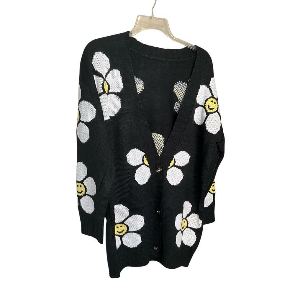 Happy Daze Floral Cardigan Sweater Knit Deep V-Neck Button Front Black OS NEW